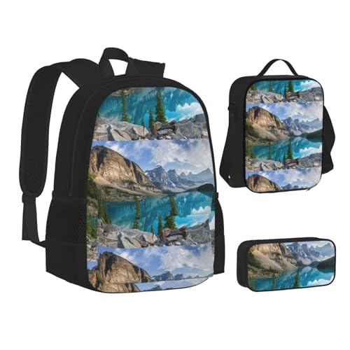 WURTON Rucksack Lunchbox-Set mit schönem Bergdruck, 3-in-1-Büchertasche und Federmäppchen, passende Kombination, Schwarz, Einheitsgröße