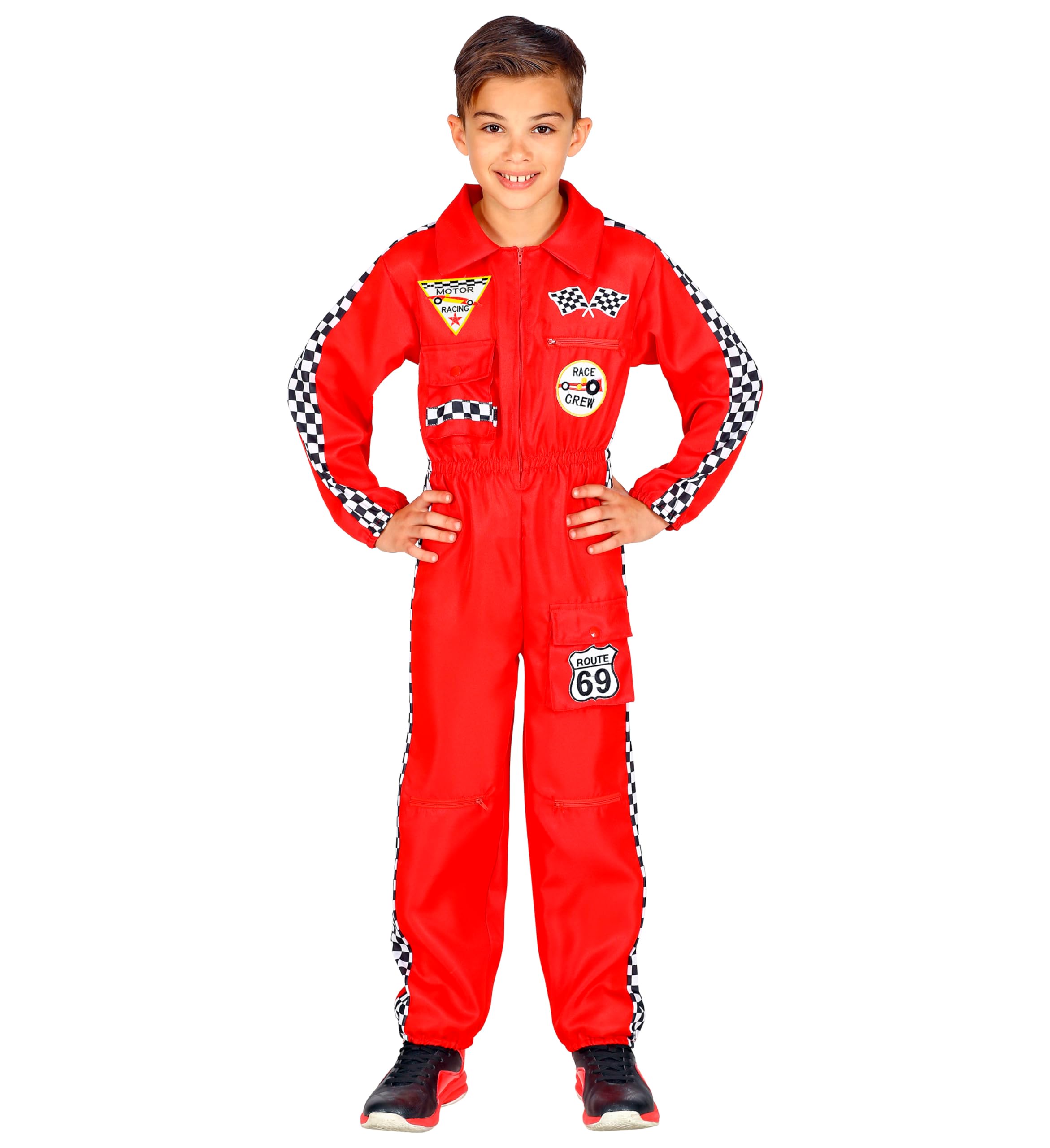 Widmann Rennfahrer Kostüm Overall Jumpsuit rot Anzug exklusiv, Rot (Kinder Overall), 164 (XXS)