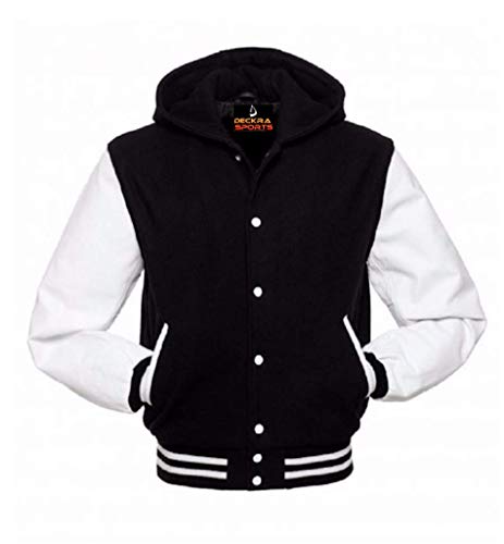 Herren Varsity Jacke Hoodie Rindsleder Arme und Wolle Letterman College Top Coat - Schwarz - Small