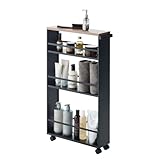 Yamazaki 3628 TOWER Schmaler Rollwagen mit Griff, schwarz, Stahl/Holz, minimalistisch, 13 x 47.5 x 80.5 cm