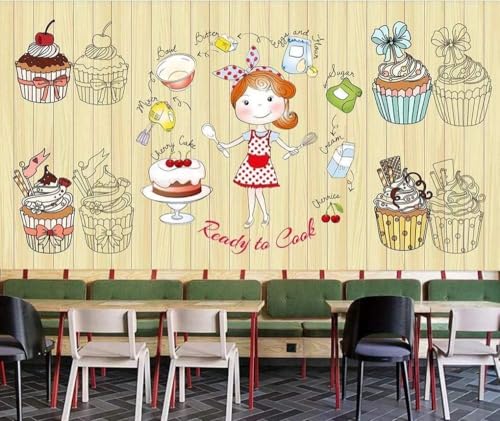 Holzmaserung Basis Cute Dessert Shop Cupcakes 3D Tapete Poster Restaurant Schlafzimmer Wohnzimmer Sofa TV Dekorative Wand-350cm×256cm