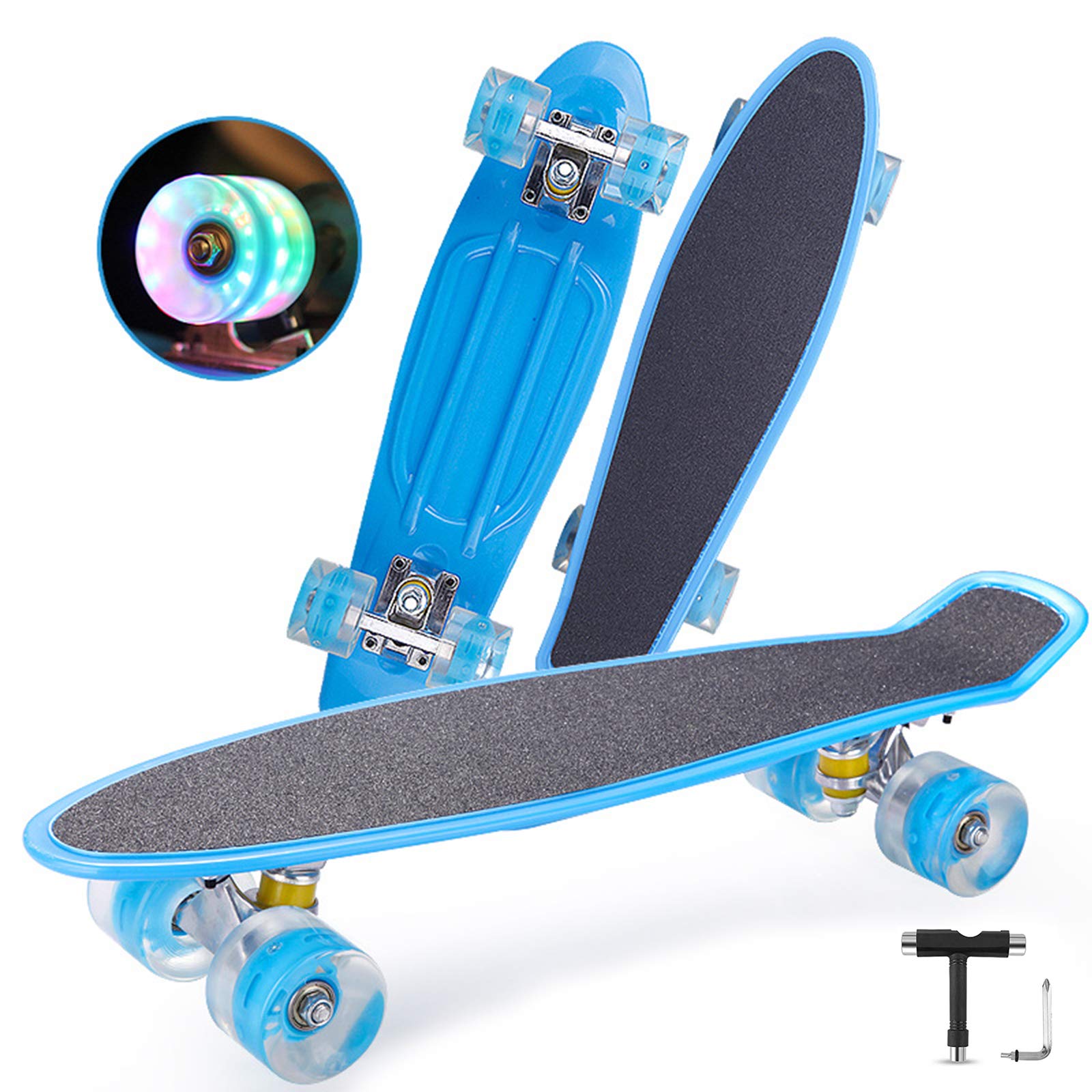 DFWYG Skateboard 22"Frosted Board Skateboard mit Blinkenden LED-Leuchträdern und T-Tool, Verschleißfestes Mini Cruiser Skateboard für Kinder, Jugendliche, Jungen, Mädchen,Blau