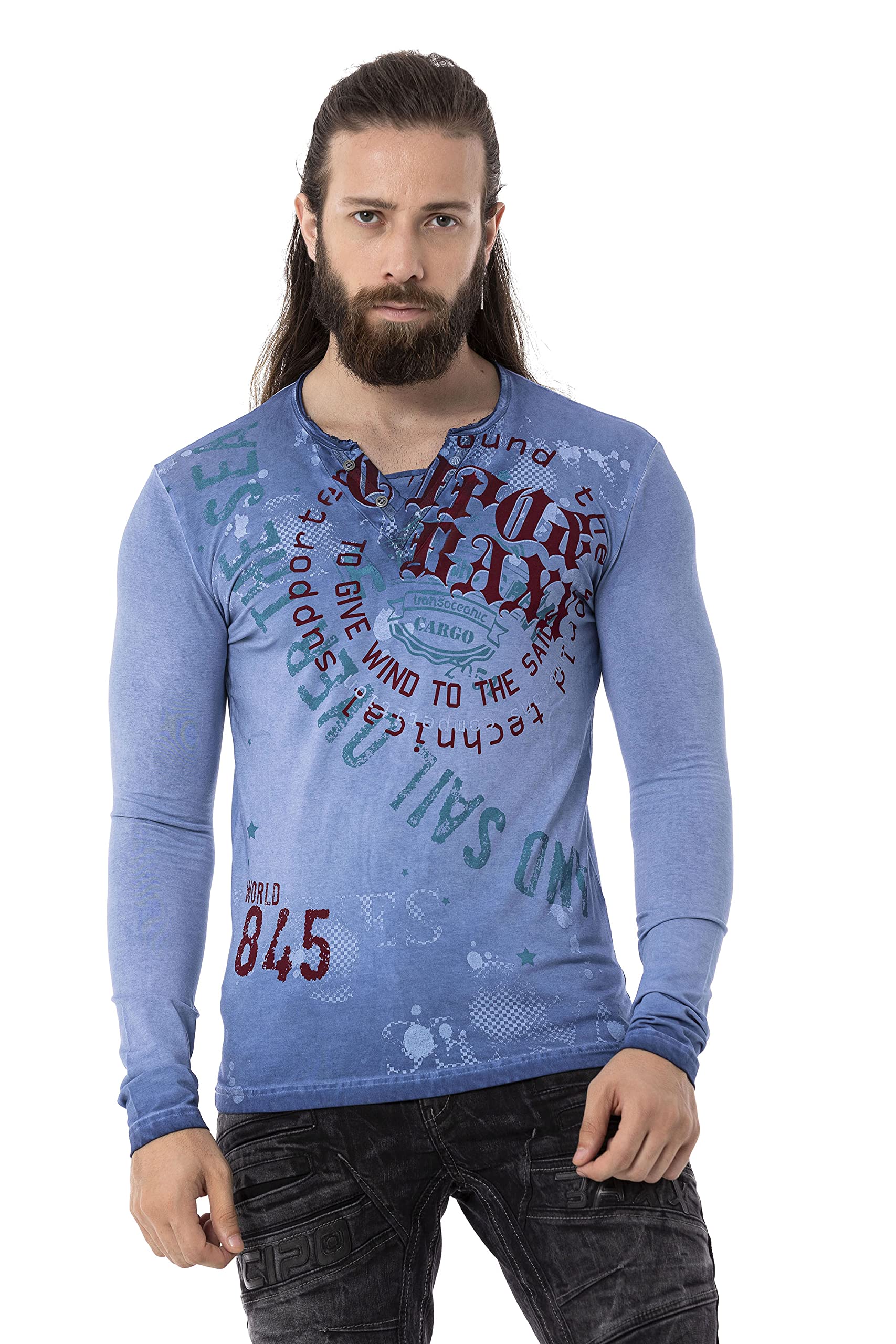 Cipo & Baxx Herren Longsleeve Shirt Sweatshirt Langarmshirt Rundhals Print CL512 Blau XL