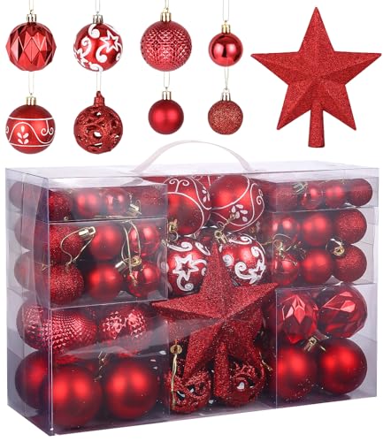 101 Stück Weihnachtsbaumkugeln Rot,Birshe Christbaumkugeln Set,Weihnachtskugeln Unzerbrechlich,Plastik mit Baumspitze Rot Glänzend Christbaumkugel Drinnen und Draußen,Hochzeit,Party