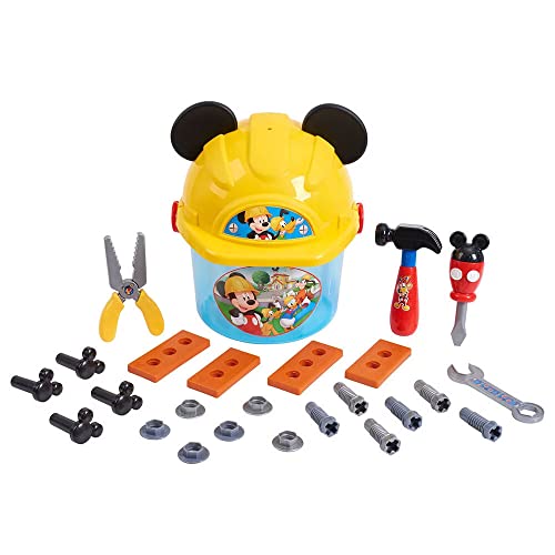 Just Play Disney Junior Mickey Mouse Spielset Werkzeugset Eimer und Schutzhelm Deckel mit Mickey Mouse Ohren, 25 Zubehörteilen, ab 3 Jahren