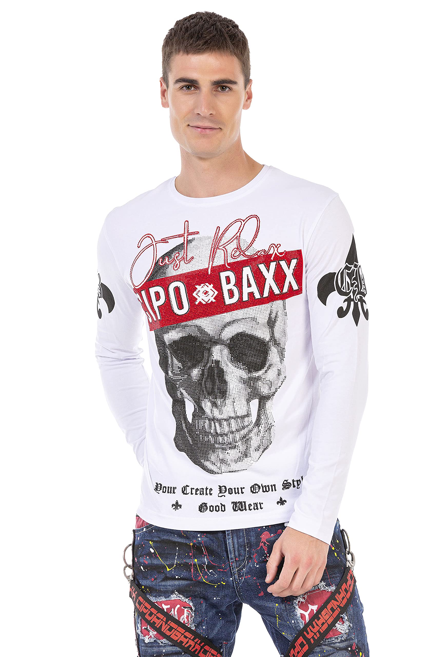 Cipo & Baxx Herren Langarmshirt Longsleeve Totenkopf Strasssteine Rundhals Design Sweatshirt CL454 Weiß L