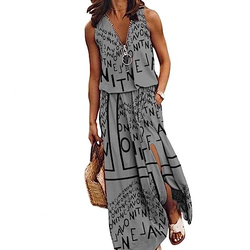 VOIV Frauen Kleid Reißverschluss Ausschnitt Bequemes Langes Kleid Frauen Casual Maxi Kleid Sommer Sommerkleid