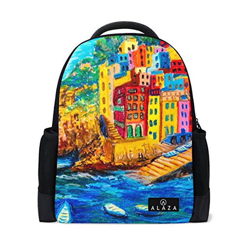 My Daily Italien Haus Boot Meer Ölgemälde Rucksack 35,6 cm Laptop Daypack Schultasche für Reisen College Schule