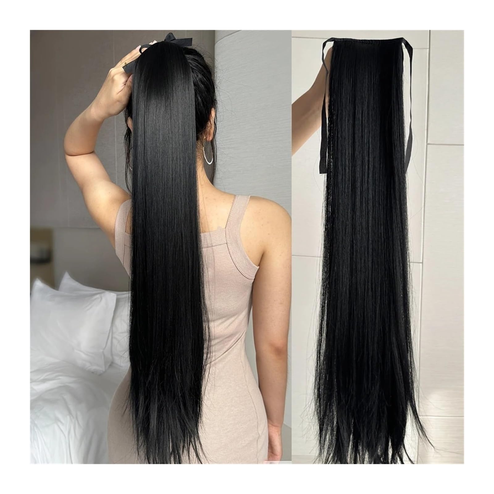 Pferdeschwanzverlängerung 85 cm Clip-in-Pferdeschwanz-Verlängerung for Umwickeln, langes, glattes Pferdeschwanzhaar, synthetisches Haarteil for Frauen, hitzebeständig Pferdeschwanz-Haarteile(Schwarz)