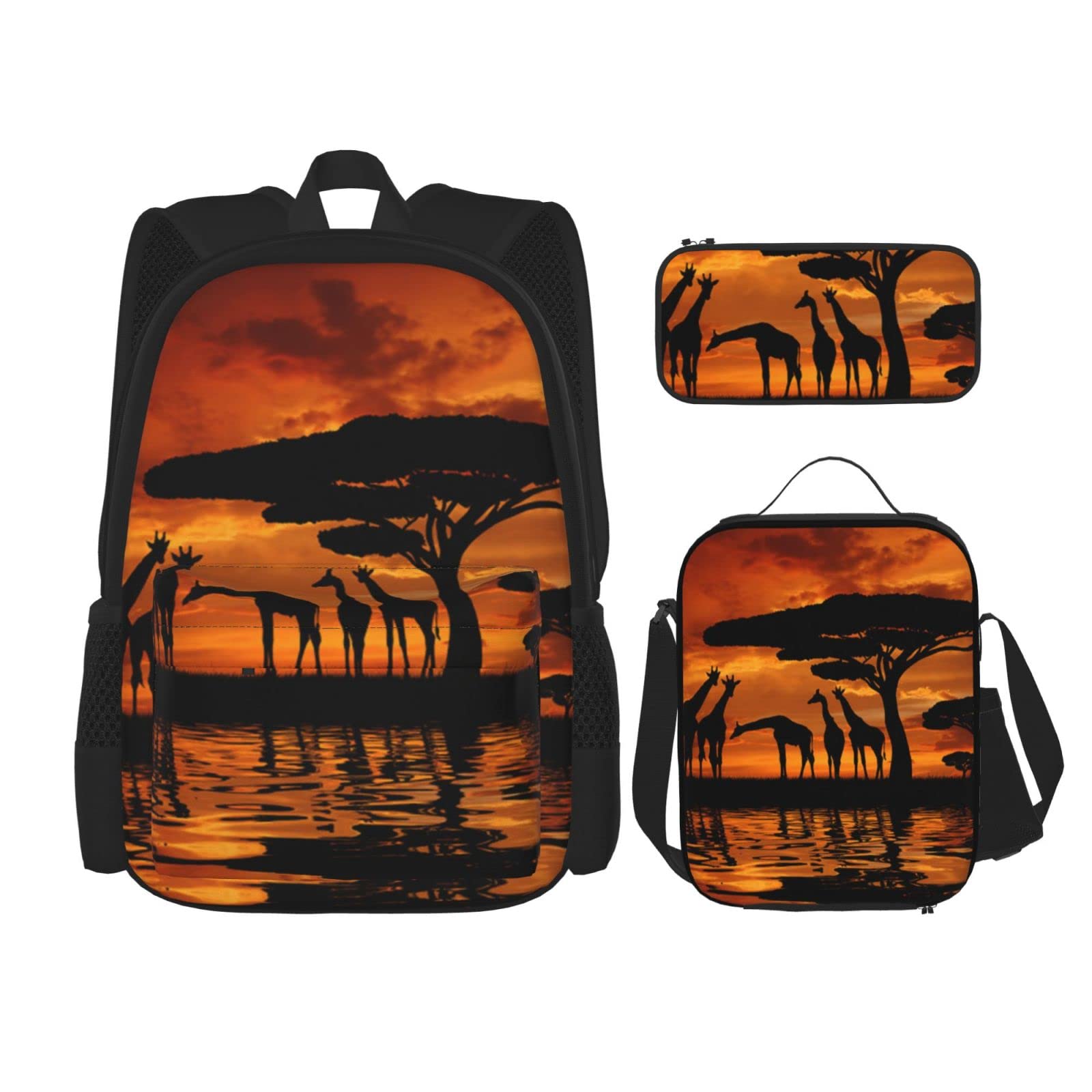 DENMER Mehrzweck-Schulranzen Marienkäfer mit passendem Federmäppchen und Lunchtasche Set - Ihre stilvolle All-in-One-Lösung, Afrika Giraffe Majestic Tree, Einheitsgröße