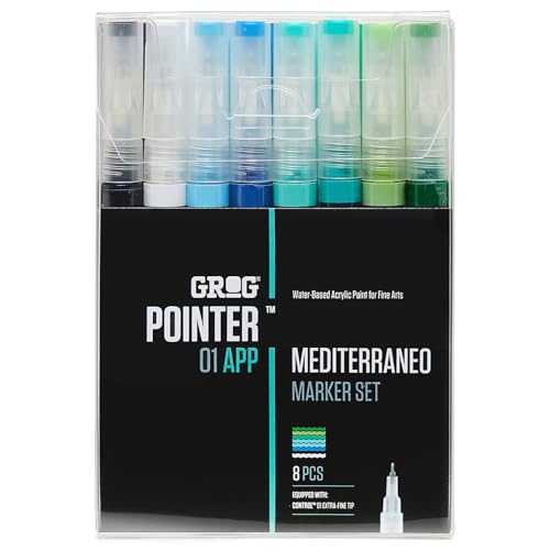 GROG Pointer 01 APP Mediterraneo Marker Set, 0,7 mm Extra Feine Spitze, Packung mit 8 Stück