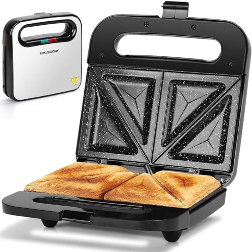 Aigostar Sandwichmaker für 2 Sandwiches, Sandwichtoaster mit Antihaft-Keramikbeschichtung, automatische Temperaturregelung 180-200℃, Kontrollleuchten, Cool-Touch-Griff, 750W, Edelstahl/Schwarz