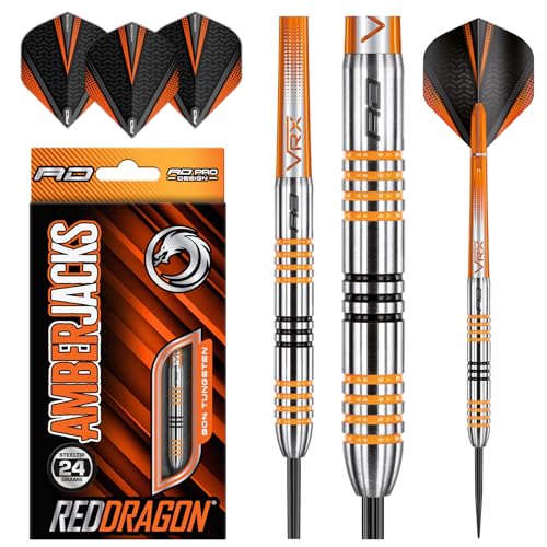 RED DRAGON Amberjack 3 - Steel Tip 24 Gramm Wolfram Profi Dartpfeile Set mit Flights und Schäfte