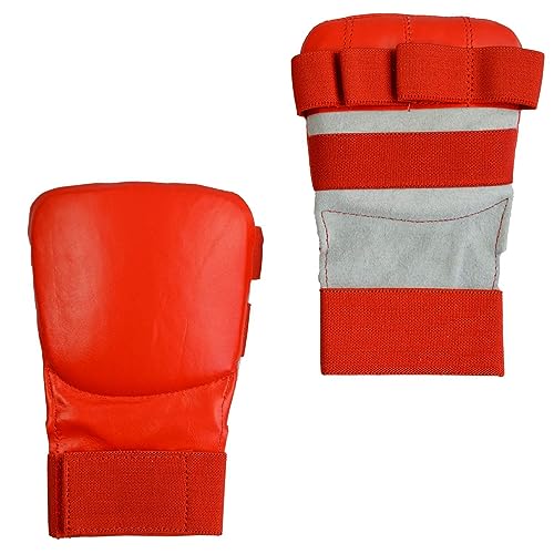 TEKKA BUDO Karate Faustschützer flach - Hand Mitt Echtleder - Rot Gr. XS - Fingerschlaufen mit Elastikband - Jujutsu, WingTsun Handschutz