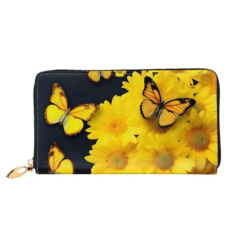 DENMER Gelbe Blumen Schmetterlinge Leder Geldbörse Kunstleder mit metallischem Reißverschluss geräumiges und stilvolles Accessoire für moderne Frauen Produkt, Gelbe Blumen und Schmetterlinge,