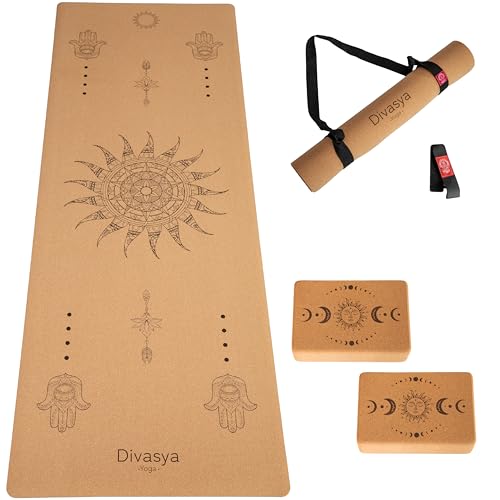 DIVASYA Premium Yogamatte Kork rutschfest: SET mit 2 Blöcken, Naturkautschuk rutschfest & Kork, großzügige Maße (183x66x0,4cm), Yoga Matte Kork rutschfest, Tragegurt, nachhaltig & schadstofffrei