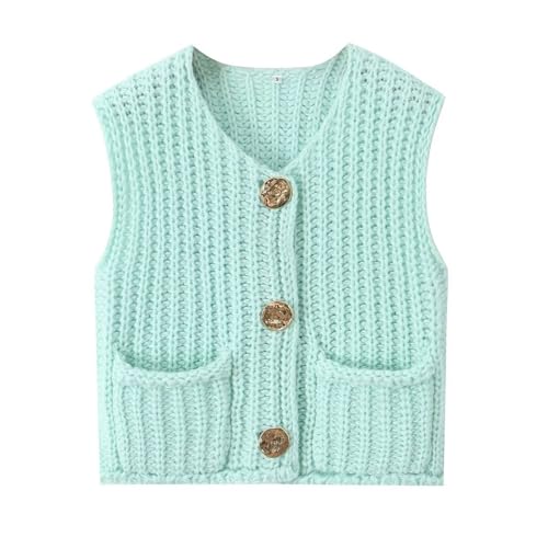 Sweater Vests Women 2024, Women's Button Front V Neck Sleeveless Crochet Solid Checkered Knit Sweater Vest with Pockets (Turquoise,Small)