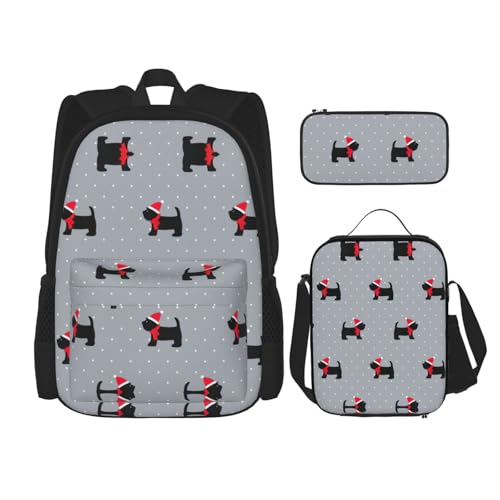 WURTON Weihnachts-Rucksack mit niedlichem Hunde-Druck, 3-in-1-Büchertaschen-Set, Lunchbox, Federmäppchen, Reise-Laptop-Tagesrucksäcke, Schwarz, Einheitsgröße