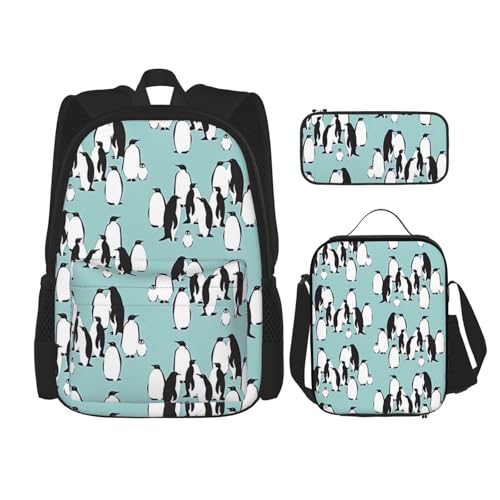 WURTON 3-in-1 Büchertaschen-Set, niedlicher Pinguin-Druck, verstellbarer Schulter-Rucksack, Lunch-Tasche, Federmäppchen, Beutel, Schwarz, Einheitsgröße