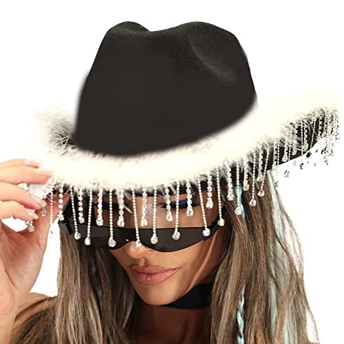 LARUISEE Pinke Cowboymütze, Western-Cowgirl-Hut für Damen, Mädchen, Foto-Requisiten, Quasten, bezaubernde Brauthüte für Party, weißer und rosa Cowgirl-Hut