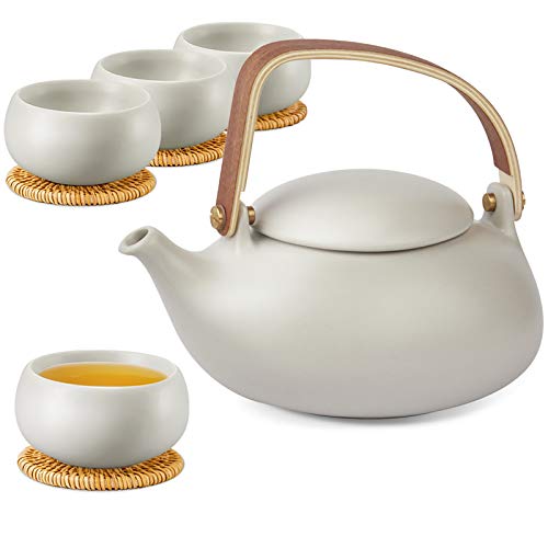 ZENS Keramik-Teekannen-Set, mattes Grau, japanisches Tee-Set mit Teesieb für losen Tee, 765 ml, moderne Porzellan-Teekanne mit 4 Teetassen und Rattan-Untersetzern für Frauen, Geschenk