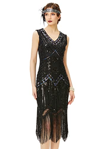 Babeyond Damen Flapper Kleider voller Pailletten Retro 1920er Jahre Stil V-Ausschnitt Great Gatsby Motto Party Damen Kostüm Kleid (Größe L / UK 16 / EU 44, glamourös Schwarz)