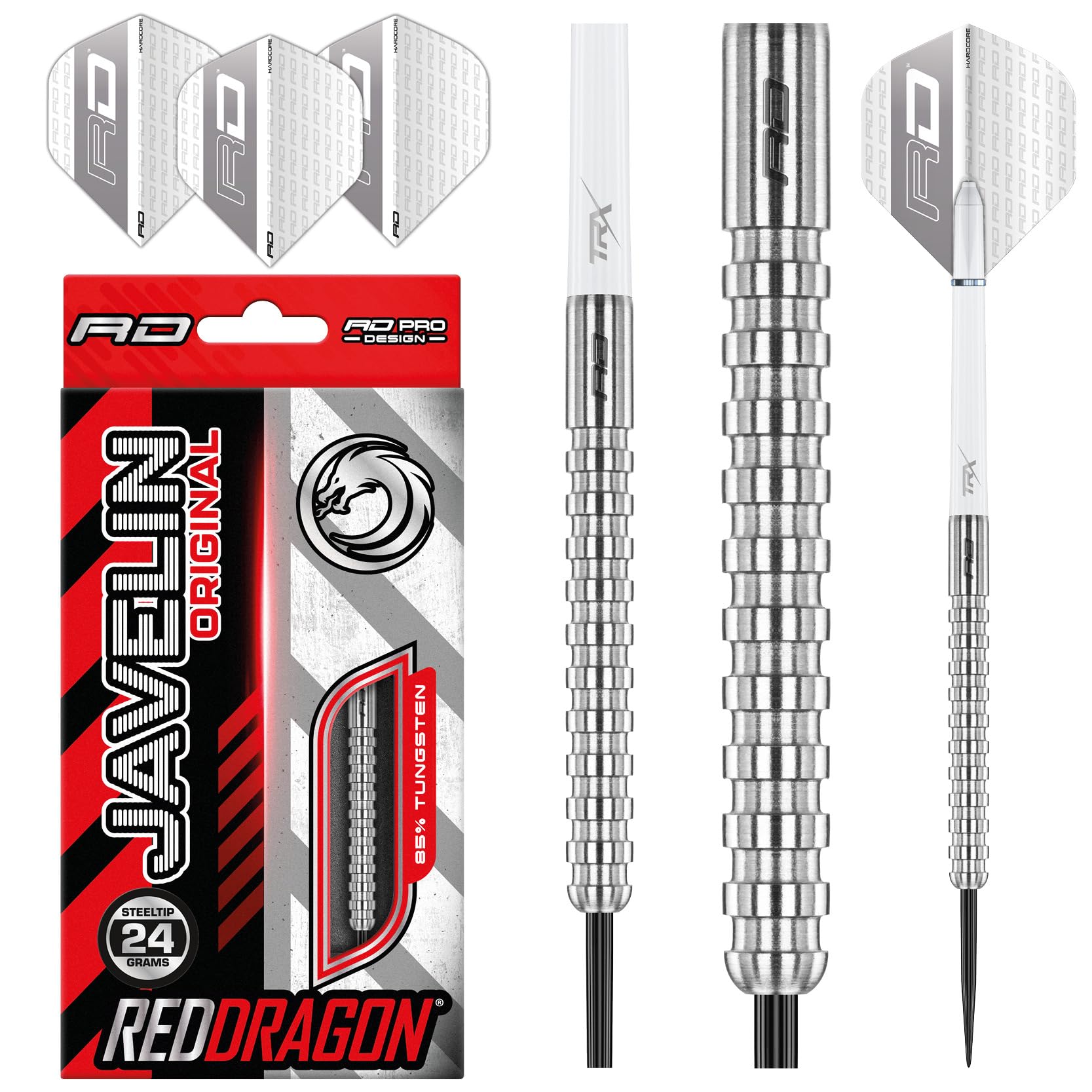 RED DRAGON Javelin Steel Dartpfeile 24 Gramm Profi Steeldarts Set, 3 x Steel Darts mit Flights und Schäfte