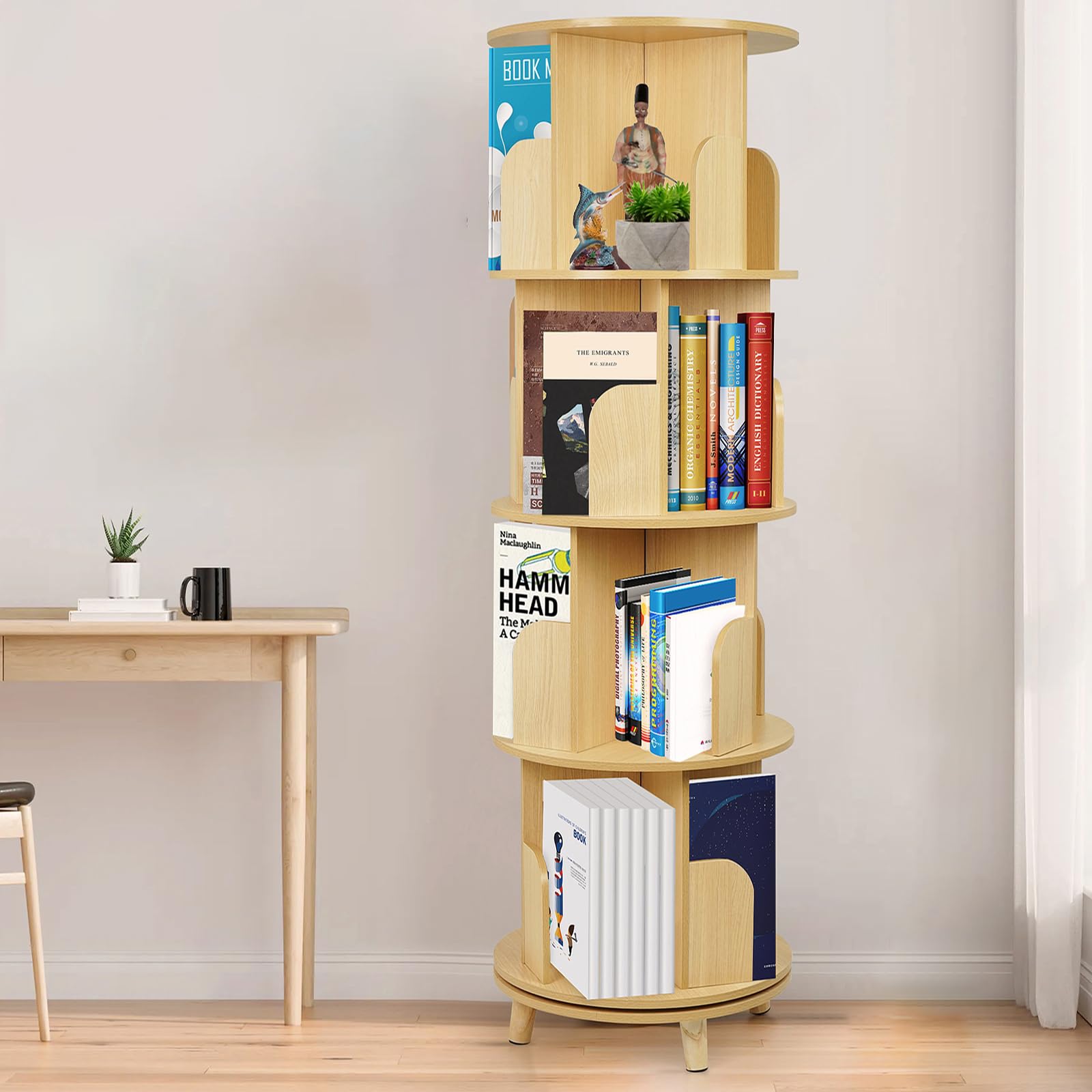 Nisorpa 360 ° drehbares Bücherregal, 4 Etagen, drehbares Bücherregal mit 4 Beinen, Holzfarbe, Bücherregal, Eckregal, Bodenständer, Aufbewahrungsregal, Buch-Organizer für Schlafzimmer, Wohnzimmer,