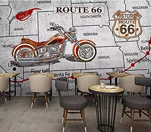 Hyundai 3D Selbstklebende Hyundai Route 66 Motorrad Zementwand Thema Bar Hintergrund Wasserdichter Aufkleber H Tapeten Wohnkultur Fototapete 3D Effekt Wohnzimmer Schlafzimmer Kinderzimmer-250Cm×170Cm