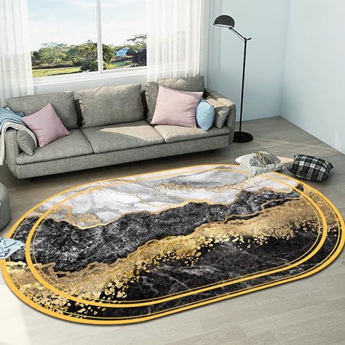 Jwujnxaq Teppich Groß Oval Wohnzimmer Modern Design rutschfest Kurzflor Waschbarer Teppich Schlafzimmer Balkon Deko Schwarz Gelb Grau Marmor Textur Abstrakt, 200 x 300 cm