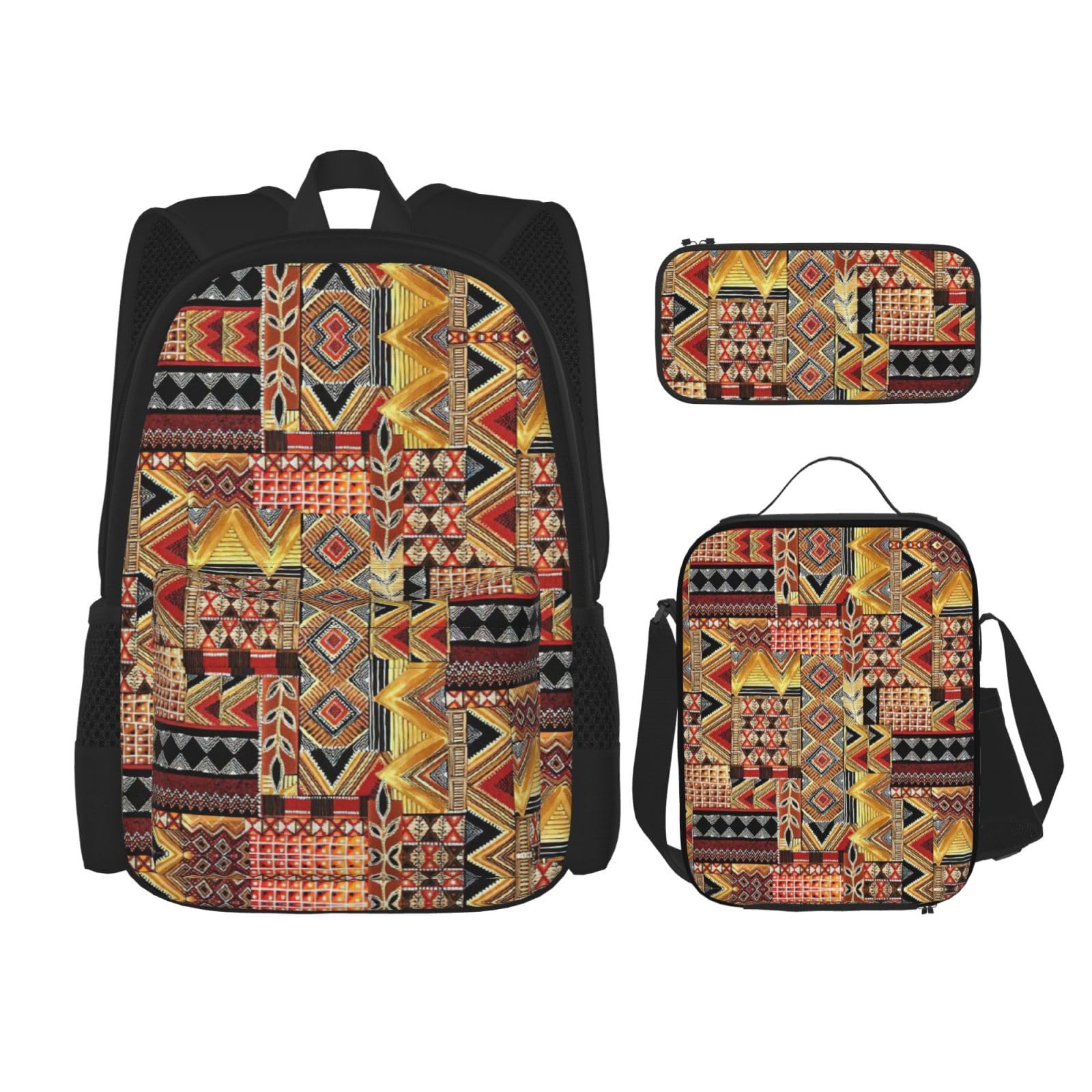 WURTON Rucksack mit afrikanischem Textil-Patchwork-Druck, für Mädchen, Jungen, Schultaschen, Teenager, Lunchbox und Federmäppchen, 3-in-1-Büchertaschen-Set