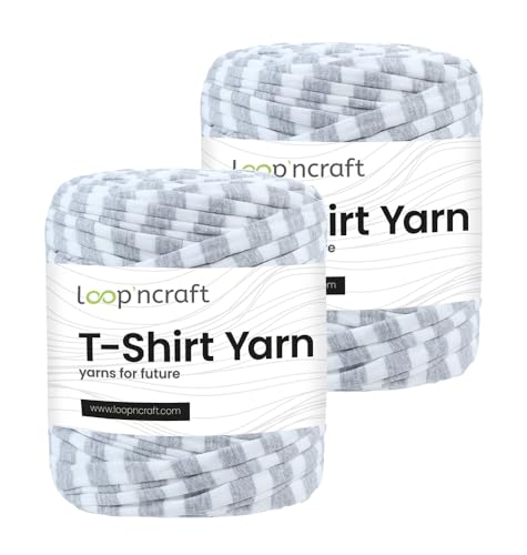 Textilgarn 2er-Set, Weiß-graue Streifen, Loopncraft, 2 X 750g, T-Shirt Yarn, Recyling Garn