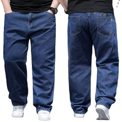 Men’s High Waist Straight Fit Jeans Plus Size 48W Jeans Loose Fitting Straight Leg Jeans High Elasticity Baggy Jeans (Dark Blue,48W)