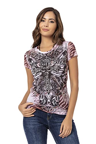 Cipo & Baxx Damen T-Shirt Kurzarm Alloverprint Rundhals Strasssteine Sommer Baumwolle Shirt WT329 Braun XL