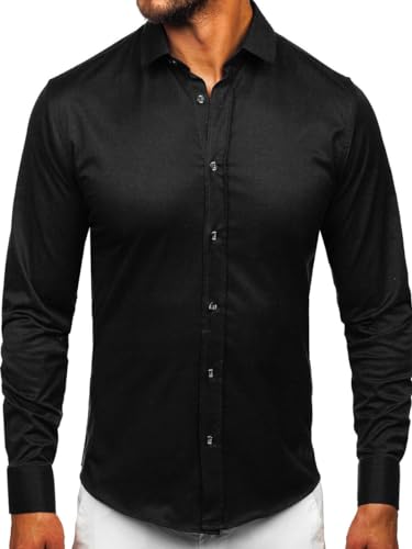 BOLF Herren Hemd Langarm Freizeithemd Langarmhemd Elegant Business Party Bügelleicht Farbwahl Classic Basic Slim Fit Casual Style 24702 Schwarz XL [2B2]