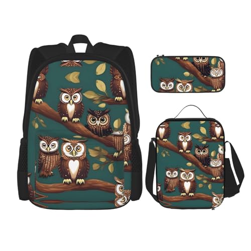 WURTON Magic Owel Print Travel Lunch Box Pencil Case Backpack Set 3 Pieces Adjustable Straps Lightweight, Schwarz, Einheitsgröße