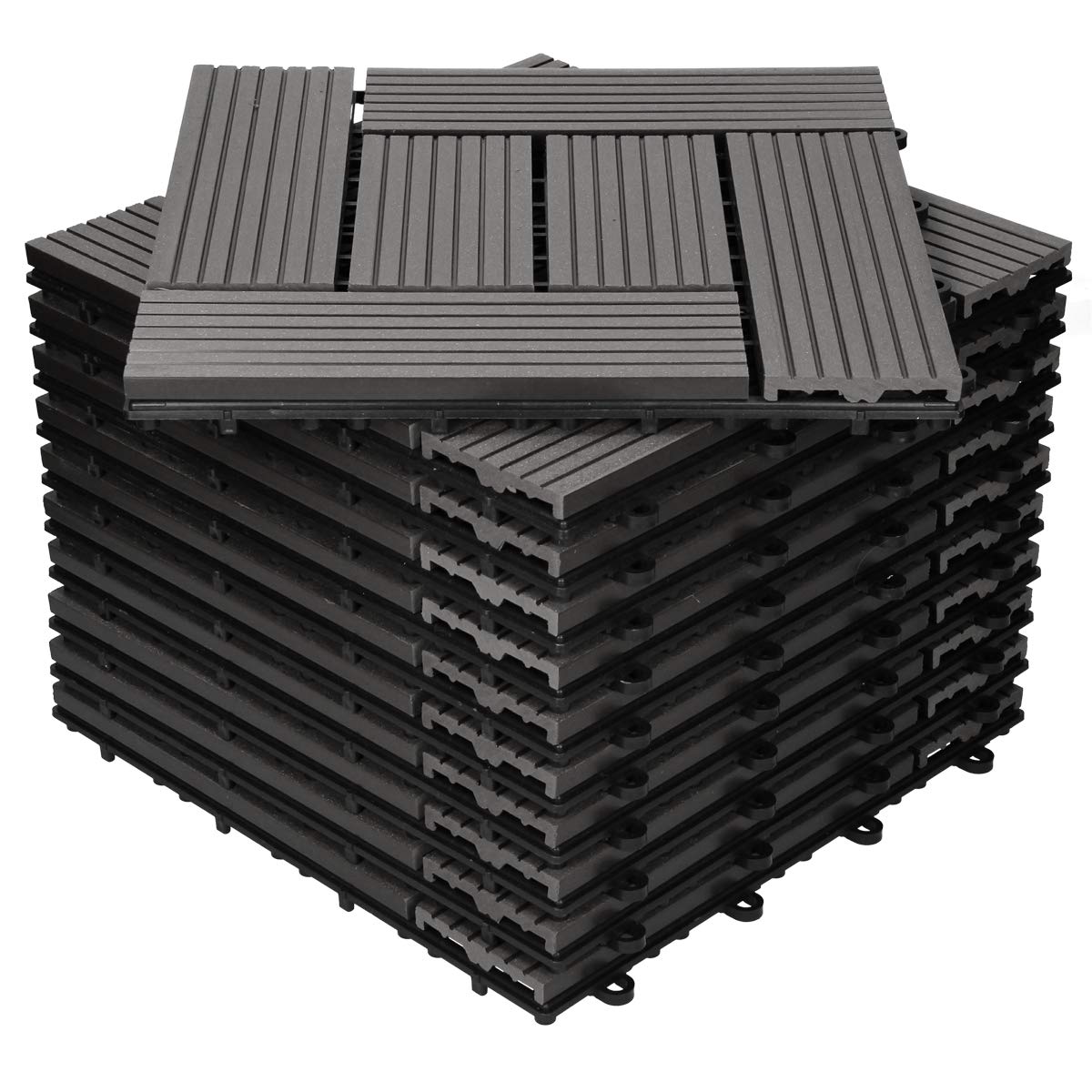 ECD Germany WPC Terrassenfliesen 30x30cm 11er Spar Set für 1m² Anthrazit Mosaik Holzoptik für Garten Balkon Bodenbelag mit Drainage Klicksystem Terrassendielen Balkonfliesen Klickfliesen Holzfliesen