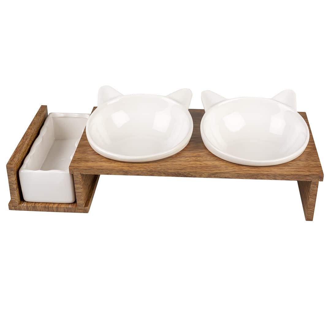 duvoplus, Set mit 3 Keramikschalen für Katzen, Modell Stony Up, Ständer aus Polywood, 3 Schalen zum Essen, Trinken und Katzenminze, spülmaschinenfest, 250 ml + 350 ml, Weiß