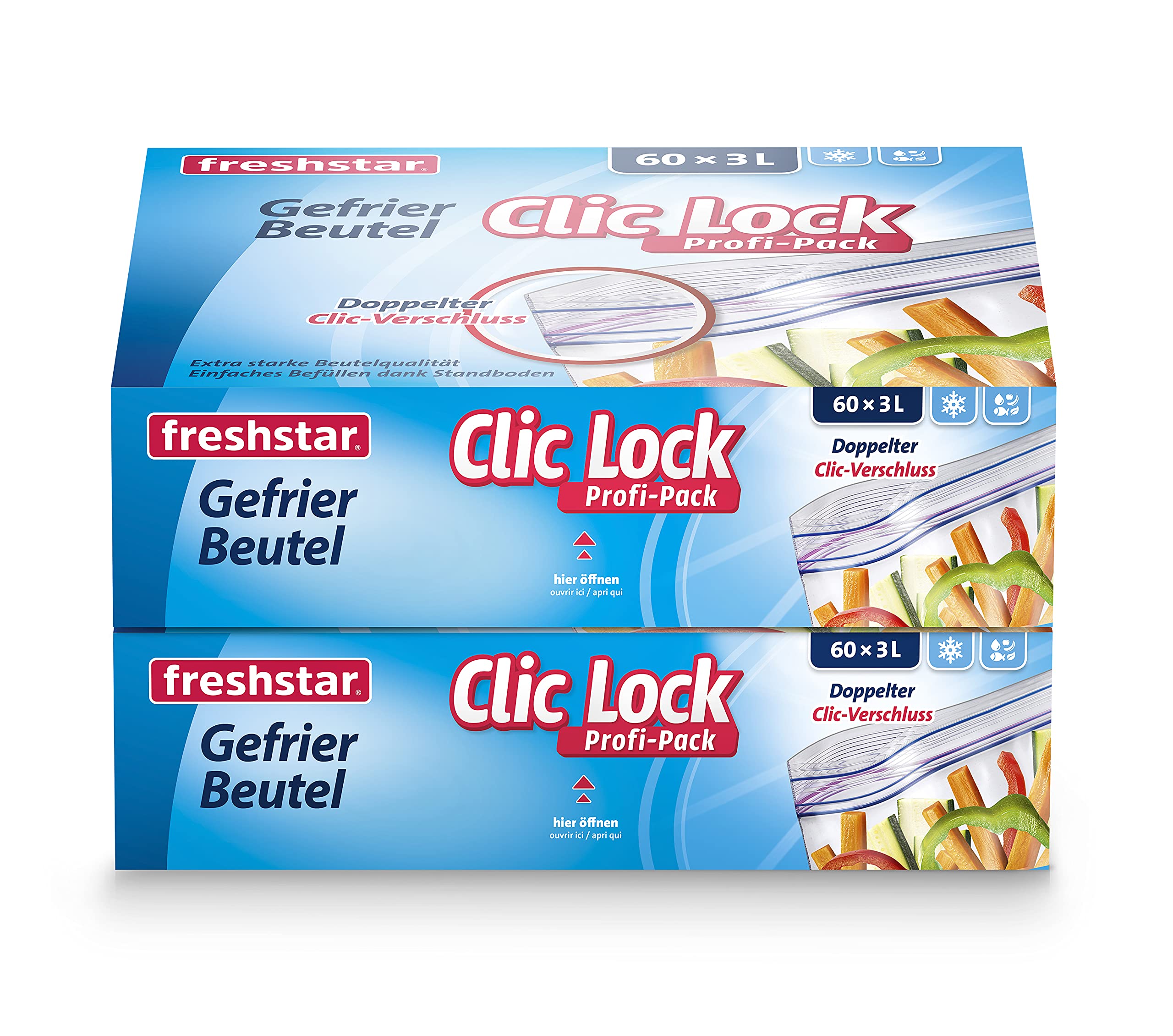 Freshstar Gefrierbeutel Clic-Lock 3.0l, 2 x 60 Stk. à 27 x 25 cm, Vorratspackung 2 Stück im Set, 218 GA Duo