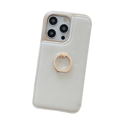 SUREKYA Lederhülle für iPhone 15Pro Max/15 Pro/15 Plus/15 mit Klappkartenhalter, Schlitz, Handyhülle mit Make-up-Spiegel und Ringständer für Damen (15 Pro, Weiß)