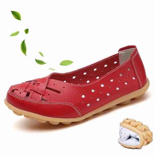 WINDEHAO Orthopädische Loafer aus atmungsaktivem Leder, geschlossene Zehensandalen für Damen, Rindsleder, Loafer, lässige Mokassins, Fahrschuhe, Rot, Größe 43 EU