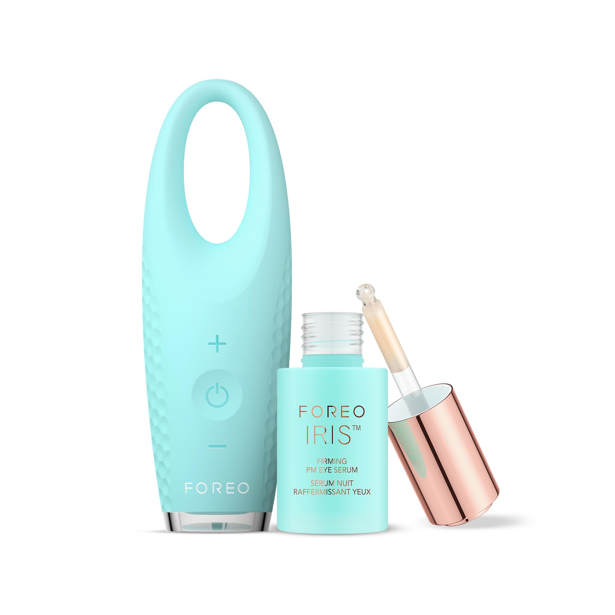 FOREO Eye Candy IRIS 2 Set - Lymphdrainage-Augenmassagegerät + FOREO IRIS Straffendes Augenserum, 15 ml - Retinol & Pilzextrakt - Entfernt Augenringe & Tränensäcke - Anti Schwellungen der Augenpartie