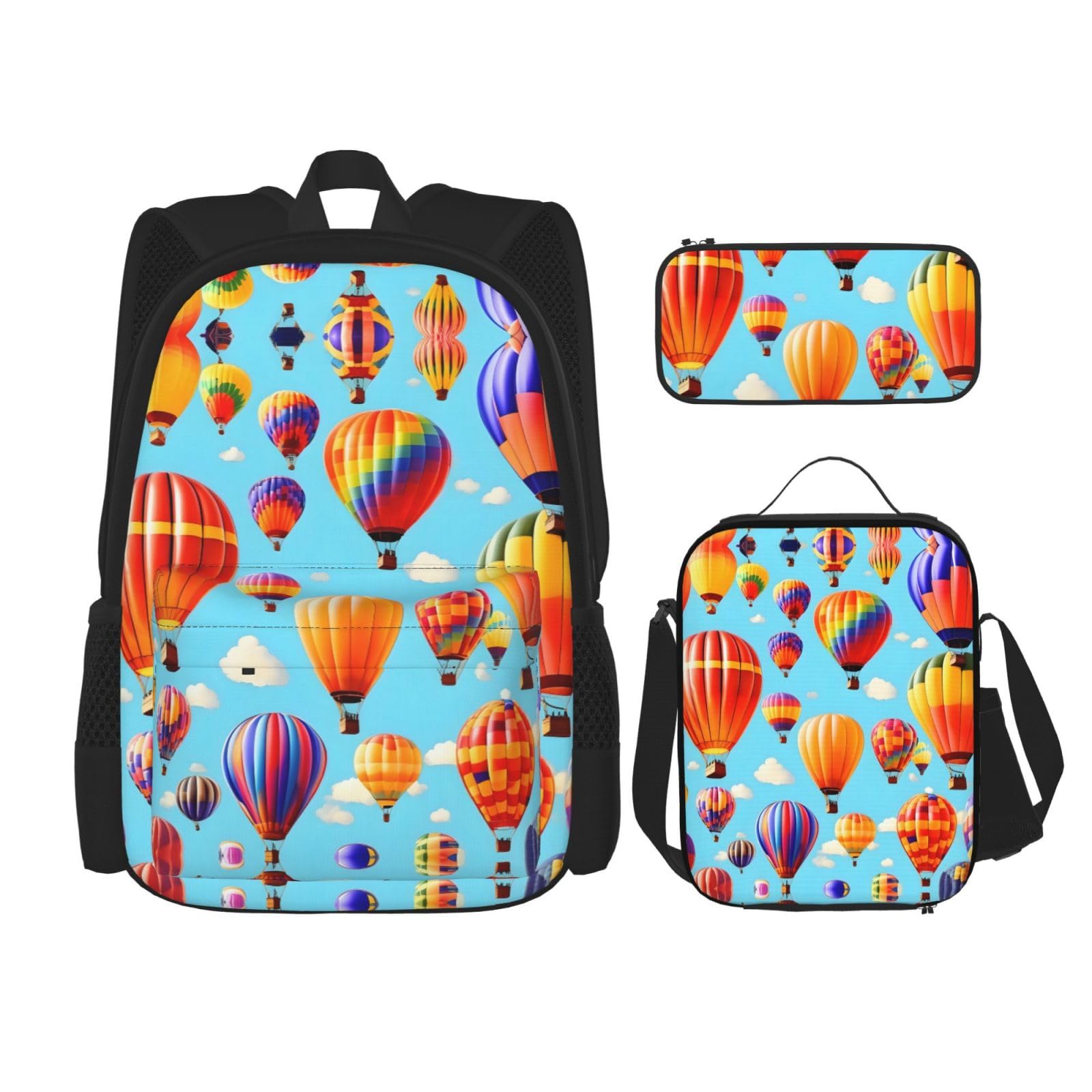 WURTON Heißluftballons Druck Reise Lunchbox Federmäppchen Rucksack Set 3 Stück Verstellbare Träger Leicht