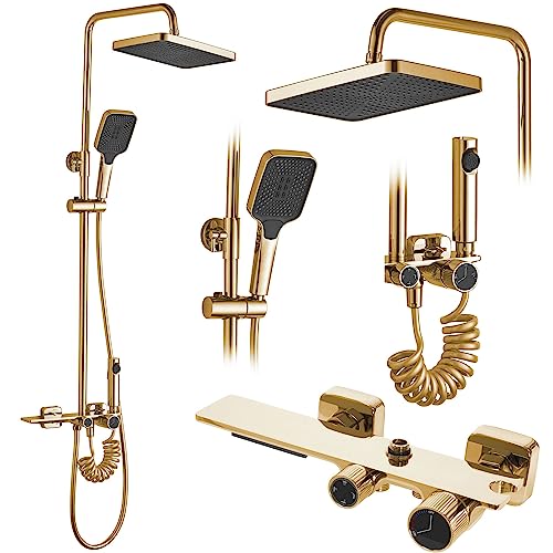 Rea Duschsystem HELIX Gold Duschset Duscharmatur mit Duschkopf und Kopfbrause aus Messing Duschgarnitur für Badezimmer (Gold)