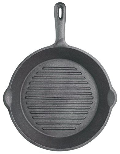 KitchenCraft Gusseisen Grillpfanne, induktionsgeeignet, rund, 24 cm, gerippter Boden, beschichtet