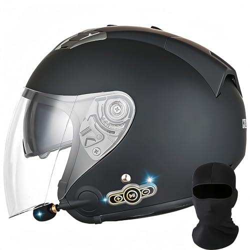 Bluetooth-Motorradhelm Mit Offenem Gesicht, DOT/ECE-Zugelassener Jet-Halbmotorradhelm Mit Visier, Mofa-Crash-Moped-Roller-Helm, Chopper Cruiser Pilot, Rennkappe, Unisex F,XXL 63-64 cm