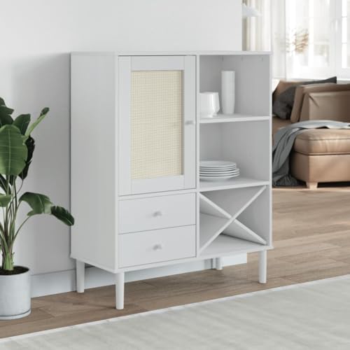 CCCINER Highboard SENJA Rattan-Optik Weiß 90x40x112 cm Kiefernholz,Geräumiges Highboard aus Massivholz mit UVLackierung und RattanOptik Perfektes Stauraummöbel für jeden Wohnraum