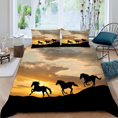 RLYXGS Pferd Kinderbettwäsche 135x200 3teilig für Jungen Mädchen Tier 3D Druck Bettbezug mit Reißverschluss Winter Warm Mikrofaser Bettwäsche Set mit 2 Kissenbezüge 80x80cm