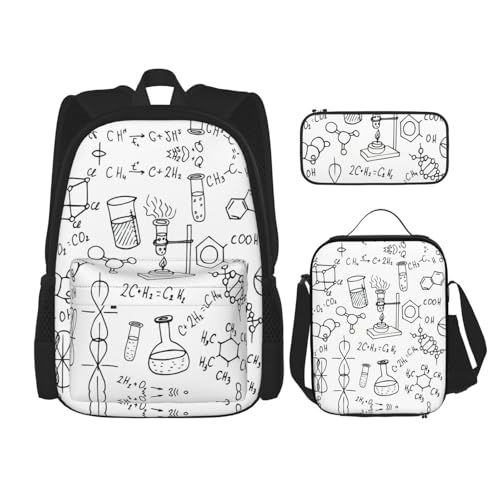 WURTON Schulrucksack-Set mit Chemie-Druck, 3-in-1-Büchertaschen-Set mit Lunchbox, Federmäppchen, Reise-Laptop-Tagesrucksäcke