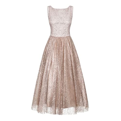 Swing Fashion Damen Glitzerkleid | Partykleid | Abendkleid | Cocktailkleid | Ballkleid | Abschlussballkleid | Hochzeitskleid | Festliches Kleid | Midikleid | Ärmelloses | Nacktfarbe | 38